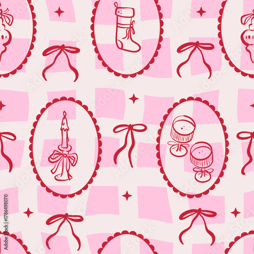 Seamless Christmas pattern with cute decorative cameo frames, bows, and festive elements. Retro coquette style print with elegant vintage charm. Holiday ornament for fabric, wrapping paper. Vector