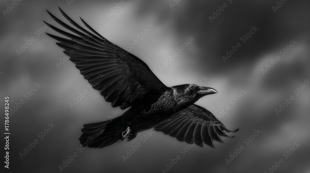 Fototapeta premium Raven flying with wings spread in dark sky