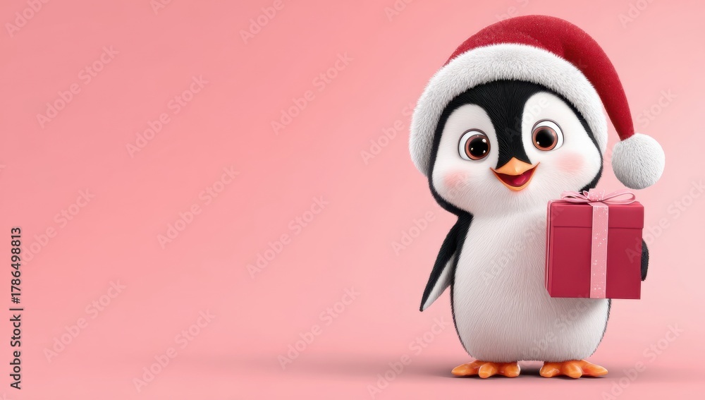 Naklejka premium Cute 3d penguin in a red and white santa hat holding a small christmas gift box on a solid pink background, funny xmas present scene