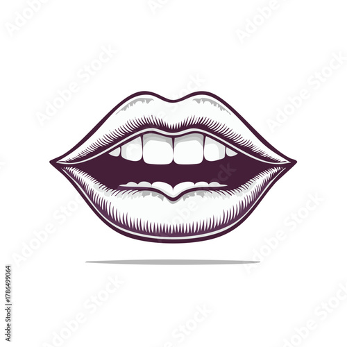 Stylized open mouth with full lips and white teeth, drawn in a vintage engraving style