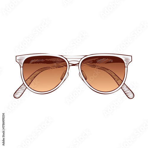 Stylish aviator sunglasses with gradient brown lenses and white frames in a sketch style illustration