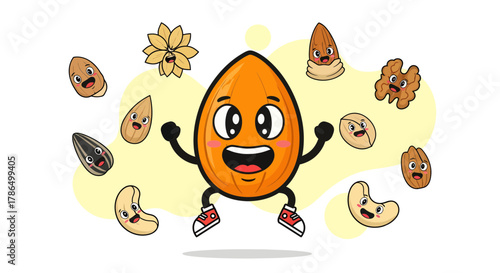 Joyful Almond Cartoon Character And Funny Nut Friends In Cheerful Delight