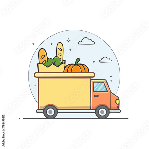 Cute cartoon truck carrying fresh groceries like bread vegetables and a pumpkin illustration for food delivery service