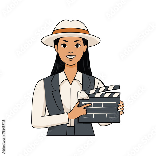 Smiling female film professional holding a movie clapboard, wearing a stylish hat and vest, cartoon illustration