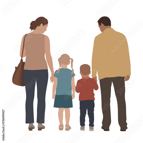 Family with two children walking