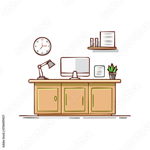 Professional office workspace desktop setup with computer monitor lamp and clock cartoon illustration