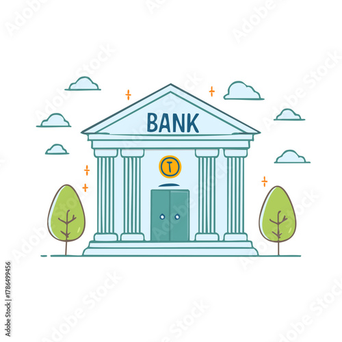 Whimsical line art drawing of a bank building featuring prominent columns a main entrance trees and clouds