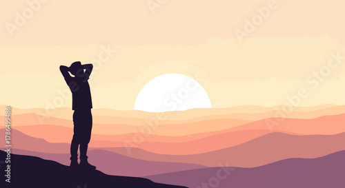 Silhouette Of Person Experiencing The Golden Hour While Watching The Landscape