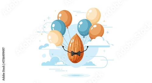 Joyful Almond Soaring With Balloons, A Whimsical Dietary Delight Illustration