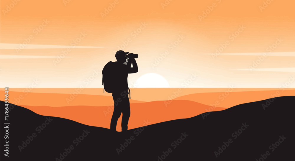 Fototapeta premium Silhouette Of Photographer Capturing The Sunset Over Hills Nature Photography Scene