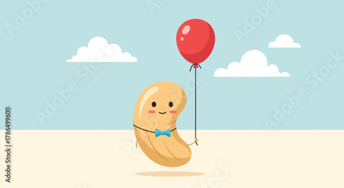 Joyful Cashew Character Floating With a Red Balloon Under a Blue Sky and White Clouds