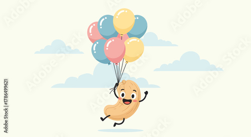 Joyful Cashew Character Soaring High With Balloons Through a Whimsical Sky Adventure