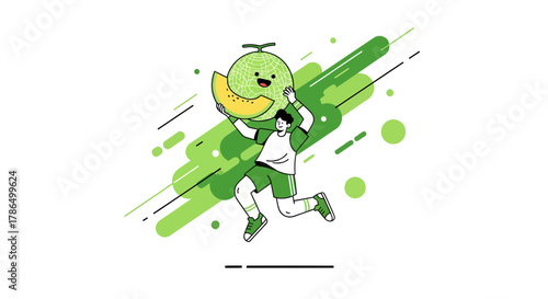 Joyful Character Jumps with Melon, Celebrating Fruity Freshness in Minimalist Style