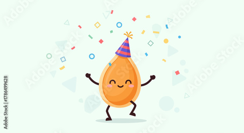 Joyful Character Celebrates With Festive Hat And Decorative Confetti Showering Around