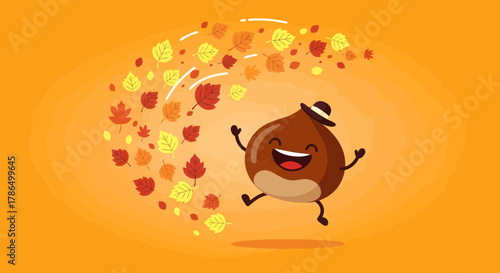Joyful Chestnut Character and Autumnal Leaves Dancing Against an Orange Background