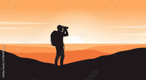 Silhouette Of Photographer Capturing The Sunset Over Hills Nature Photography Scene