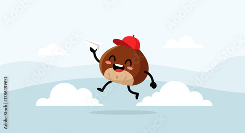 Joyful Chestnut Cartoon Character Soaring Through Sky With A Paper Airplane