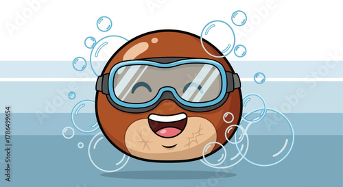 Joyful Character with Goggles Amidst Bubbles, A Cheerful Underwater Adventure