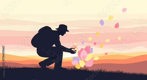 Silhouette Of The Hiker Kneeling With Blossoms At Sunset Demonstrating Peace And Tranquility