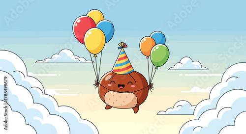 Joyful Chestnut Character Celebrates With Balloons, Smiling and Soaring Through Clouds
