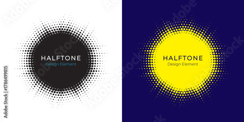 Halftone circle dotted frame circularly distributed set. Abstract dots logo emblem design element. Round border Icon using random halftone circle dot texture. Half tone circular background pattern.