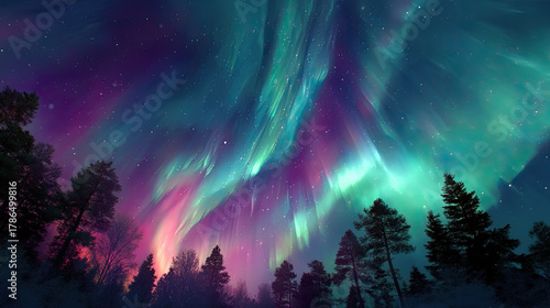 Colorful aurora burst over a pine forest at dusk