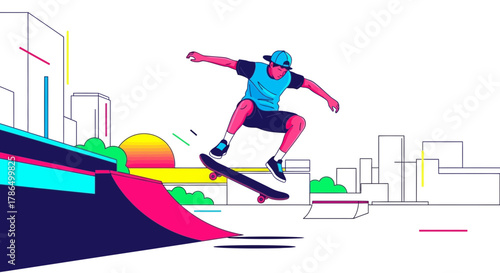 Skateboarder Performing A Mid-Air Trick With Urban Landscape In Vibrant Vector Style