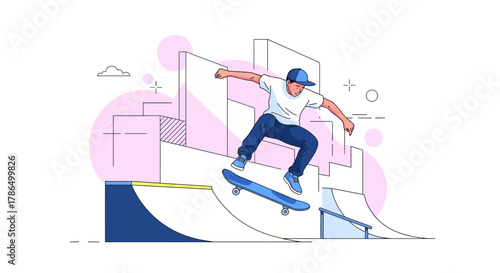 Skateboarder Doing a Trick at a Skatepark and Performing a Stunt, Line Art Illustration