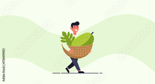Joyful Farmer Carrying a Gigantic Fruit in a Basket for a Bountiful Harvest