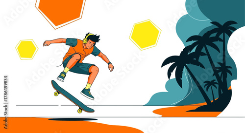 Skateboarder Performing a Trick at Seaside, Summer Vibes Illustration of Youth Fun