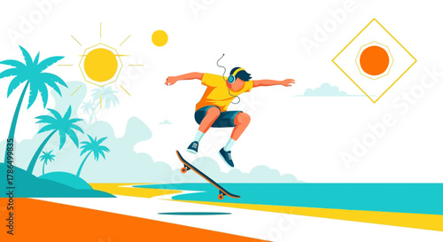 Skateboarder Performing A Mid-Air Jump Near The Beach With Palm Trees and Sunny Day