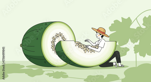 Joyful Gardener Relaxing Inside a Giant Melon Slice in a Peaceful Garden Setting