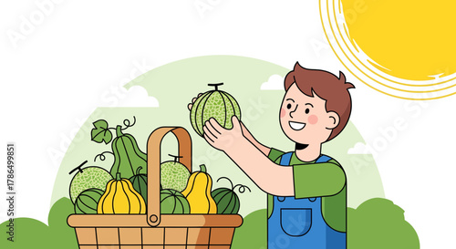 Joyful Farmer Displays Freshly Harvested Melons and Gourds Under The Sunlight
