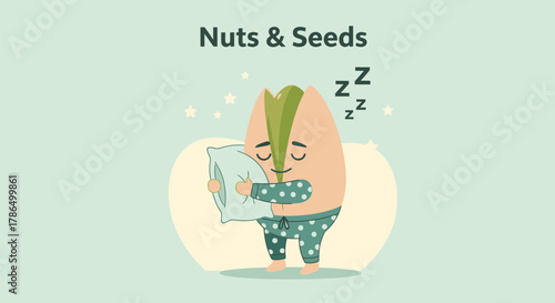 Sleepy Pistachio Character Embracing Dreamland in Cozy Pajamas and Snuggling a Pillow