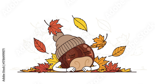 Sleepy Chestnut Character Amidst Autumn Leaves, Relaxing In A Cozy Seasonal Scene
