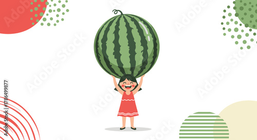 Joyful Girl Balancing A Gigantic Watermelon Above Her Head With A Happy Expression