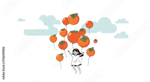 Joyful Girl Floating Amongst Persimmon Balloons In A Bright Cartoonish Sky