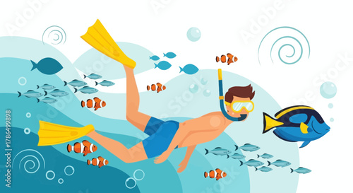 Snorkeler Explores Watery Depths Amongst Tropical Fish in Vivid Illustrated Scene