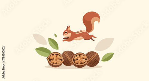 Squirrel Leaping Over Walnuts With Detailed Textures On A Creamy Background