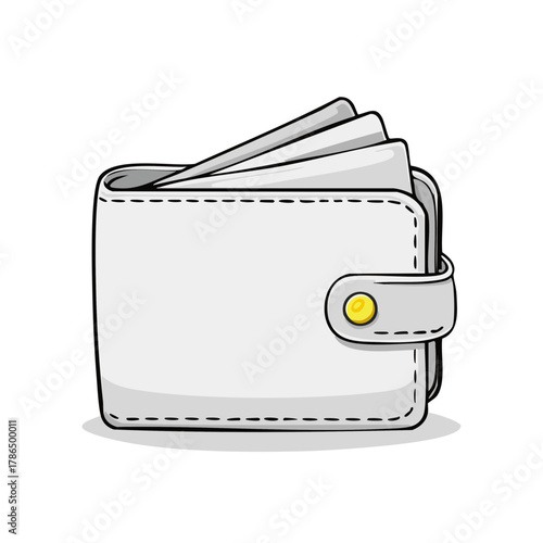 Stylized white bifold wallet illustration with blank cards peeking out and a yellow snap closure.