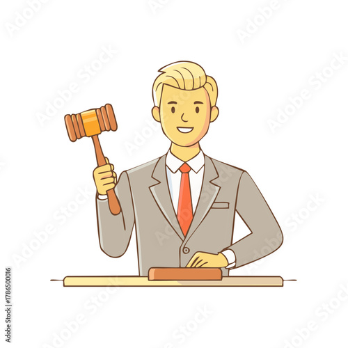 Cartoon auctioneer in a suit holding a gavel, ready to make a decision