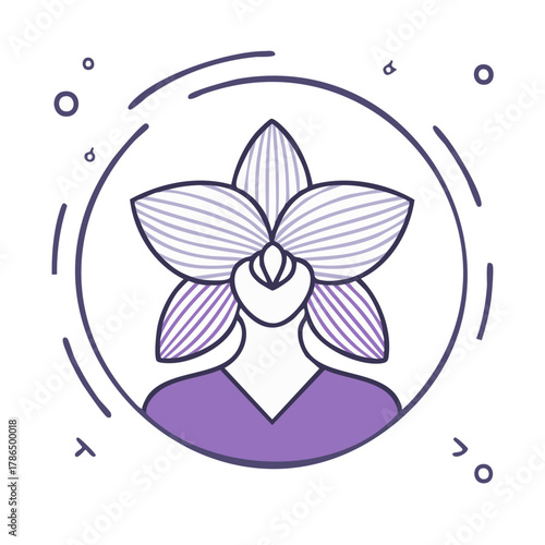 Abstract woman portrait with orchid flower head in minimalist line art and purple color scheme