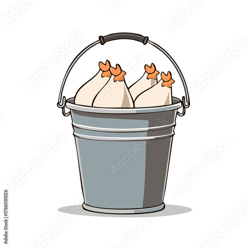 Cartoon illustration of a metal bucket filled with freshly harvested white radishes