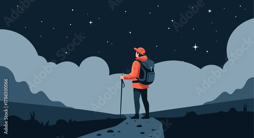 Stargazing Hiker Standing Alone Under Beautiful Night Sky Adventure
