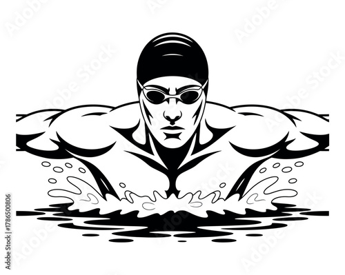 A stylized illustration of a swimmer performing the butterfly stroke in water.