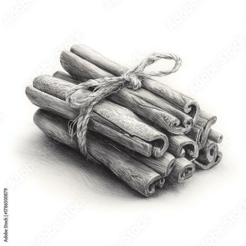 Realistic pencil sketch of a cinnamon stick bundle tied with string, shaded with delicate lines and texture on white background