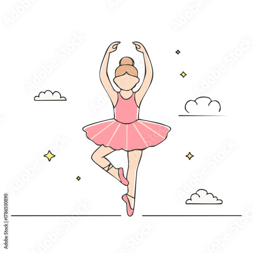 Cute ballerina in pink tutu and pointe shoes dancing gracefully among clouds and stars cartoon illustration