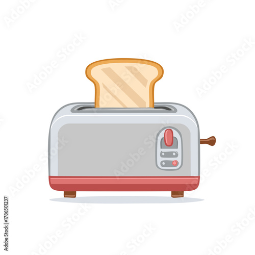 Cartoon toaster with a golden toast slice popping up for a quick morning breakfast
