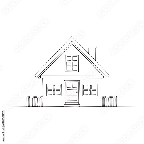Simple line art drawing of a detached house with a fence and chimney
