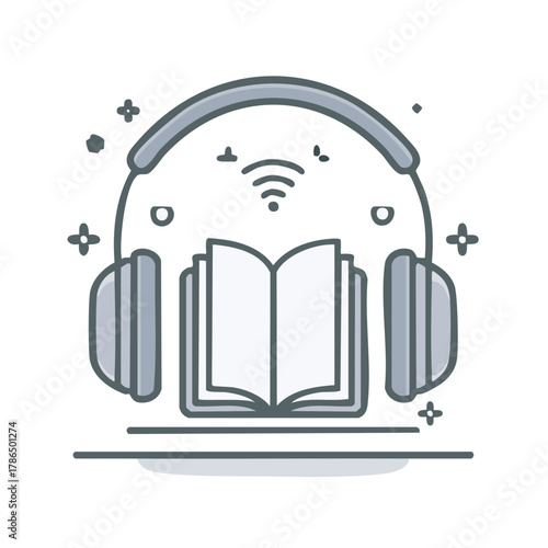 Audiobook concept illustration with open book and headphones wireless signal